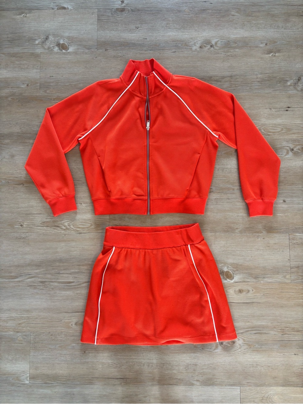 SPANX Orange Zip-Up Athletic Jacket and Skirt Set with White Piping
